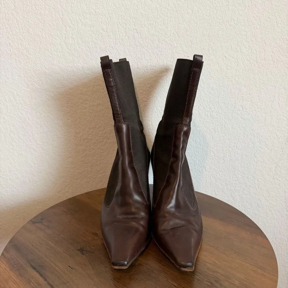 Yves Saint Laurent Brown Leather Pull-On Heeled Sock Bootie Women's Size 39 US 9